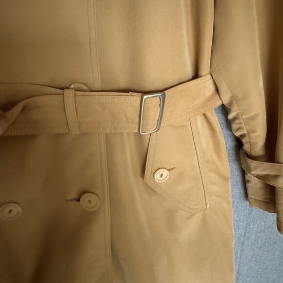 90s Vintage Jones New York Tan Rayon Lined Belted Maxi Trench Coat Size Large - Picture 6 of 17